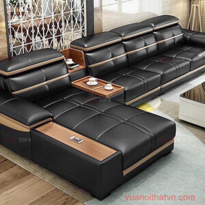 Sofa góc L bọc da nhập khẩu, kết hợp kệ rượu