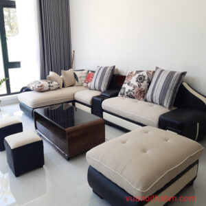Sofa góc L bọc da cải nỉ kèm bàn trà